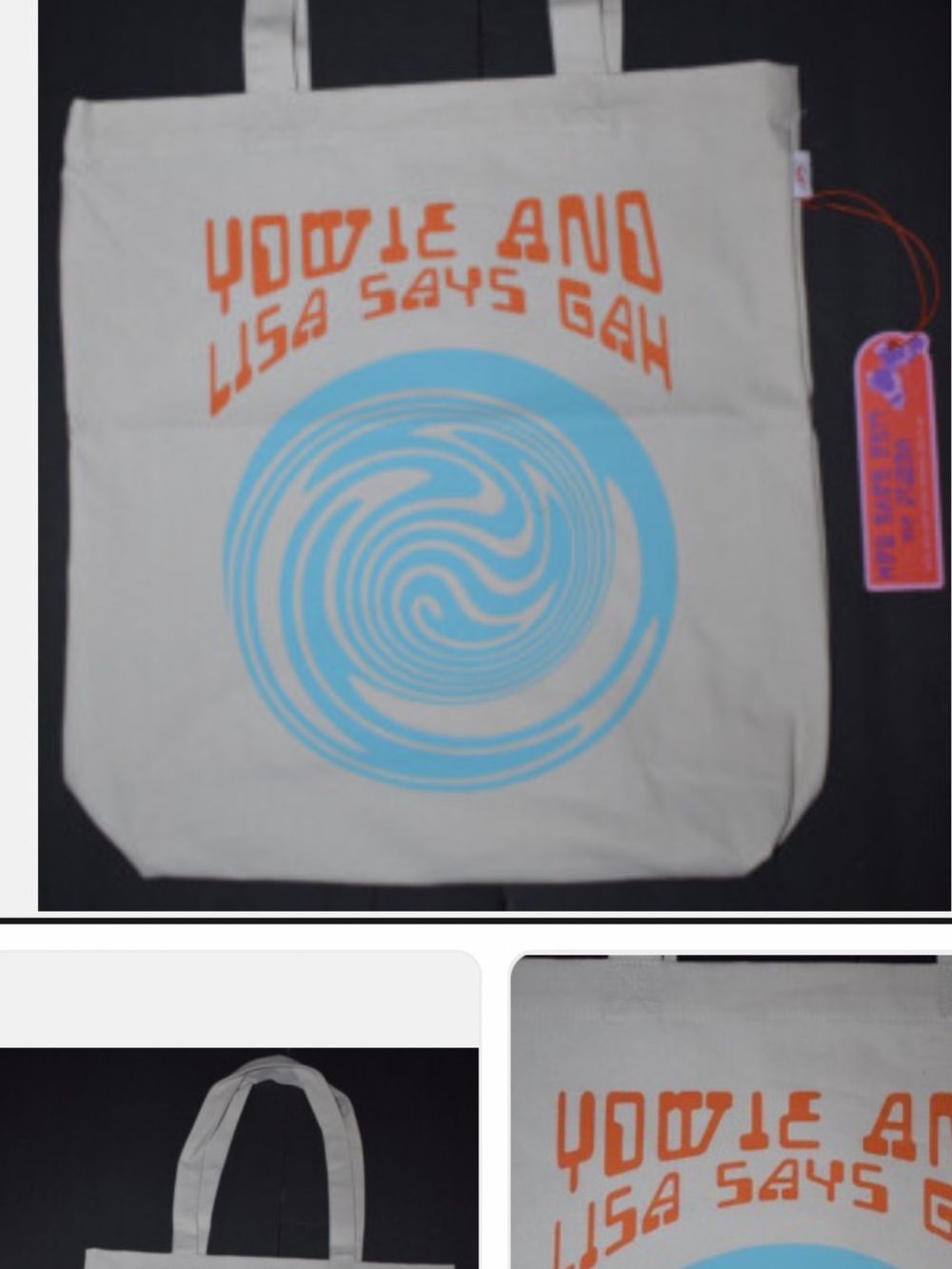 Canvas Tote Bag with Blue Swirl and Orange Text Graphic